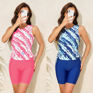 Damen Sportliches Tankini-Set mit modischem Wasserfarbmuster und bequemen Shorts WW