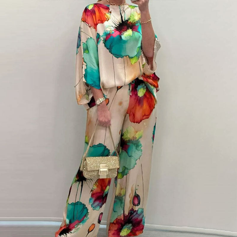 Damen Zweiteiler mit künstlerischem Print und weiten Ärmeln W&W Mode