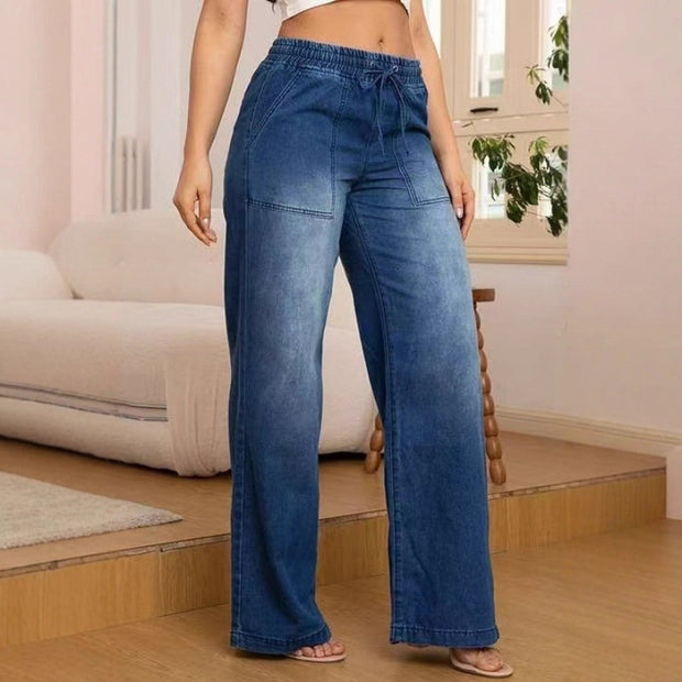 Damen weite Denim-Hose mit elastischem Bund und seitlichen Taschen WW