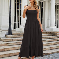Damen Bodenlanges Rüschen-Maxikleid mit schulterfreiem Schnitt und fließendem Material WW