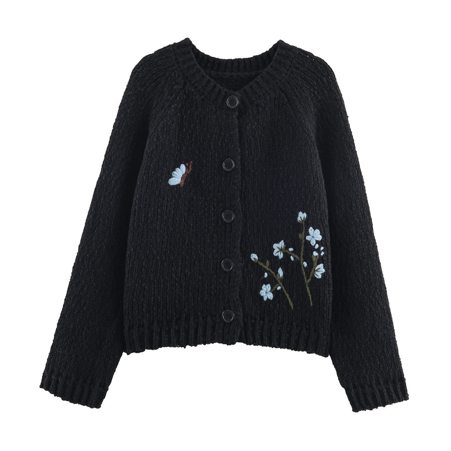 Damen Strickjacke mit floralem Stickmuster und Knopfverschluss WW