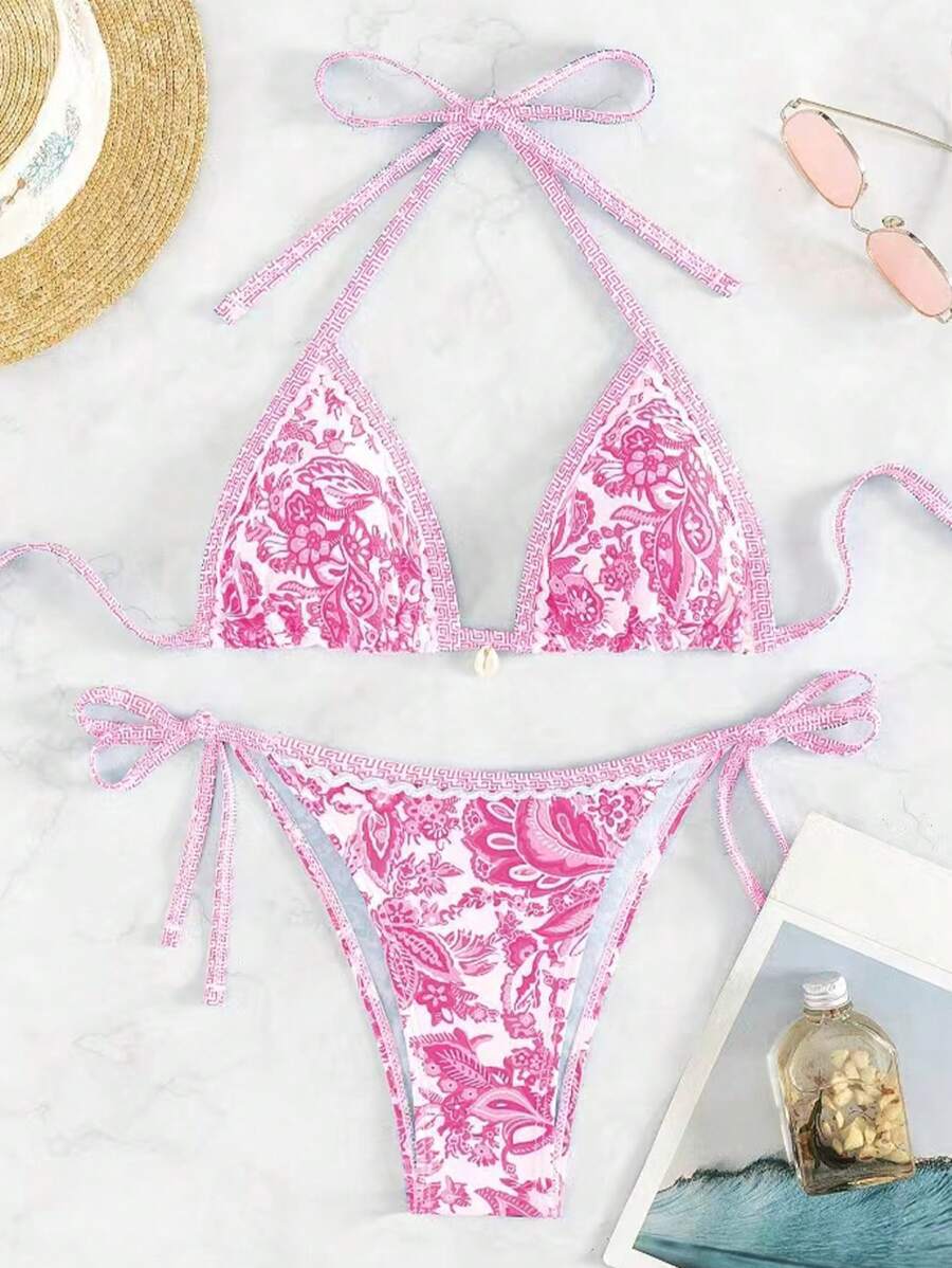 Damen Triangel-Bikini-Set mit verspieltem Blumenmuster und verstellbaren Bindebändern WW