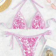 Damen Triangel-Bikini-Set mit verspieltem Blumenmuster und verstellbaren Bindebändern WW