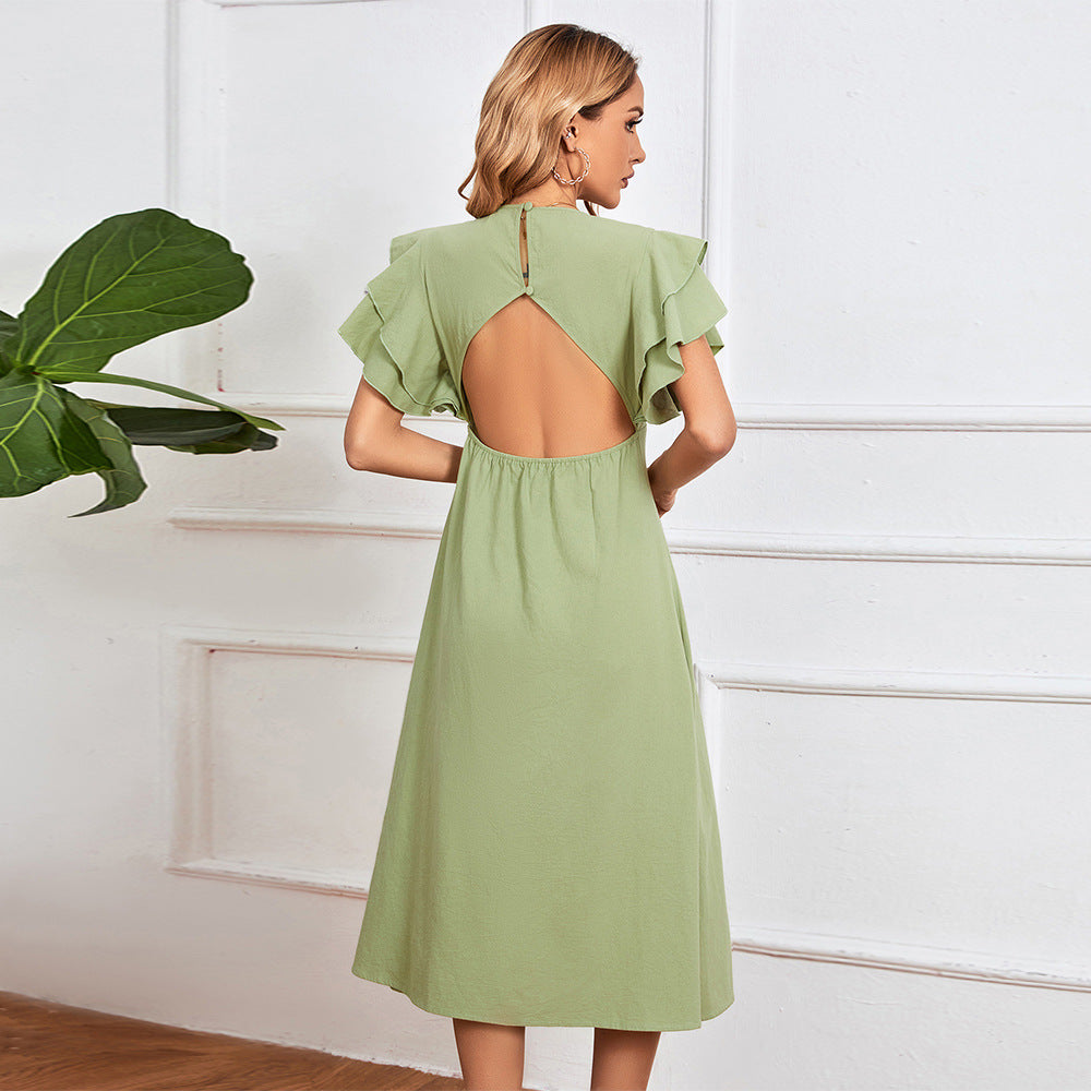 Damen Midikleid mit voluminösen Rüschendetails und tiefem V-Ausschnitt W&W Mode