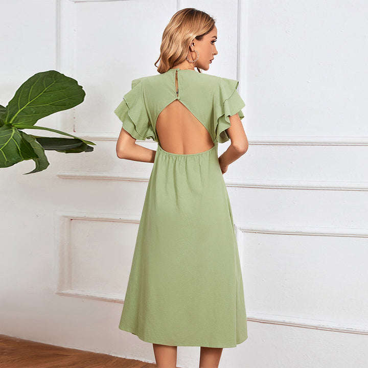 Damen Midikleid mit voluminösen Rüschendetails und tiefem V-Ausschnitt W&W Mode