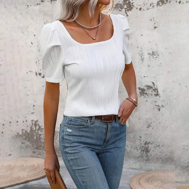 Damen Fein strukturierte Bluse mit kurzen Ärmeln und quadratischem Ausschnitt W&W Mode