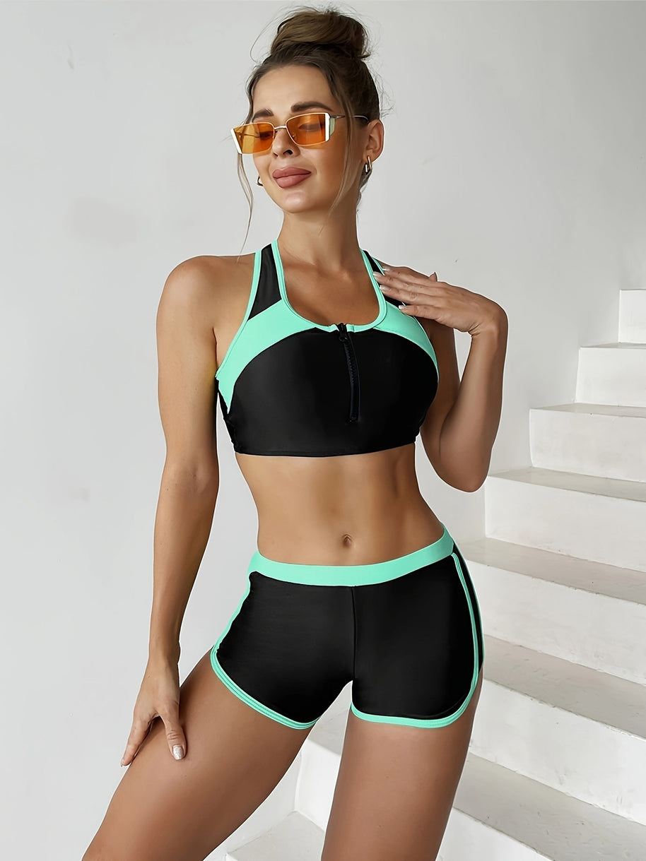 Damen Sport-Bikini-Set mit modischem Reißverschluss und kurzen Hosen WW