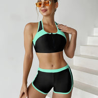 Damen Sport-Bikini-Set mit modischem Reißverschluss und kurzen Hosen WW