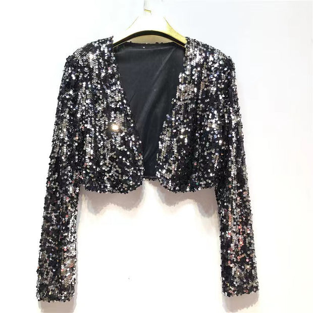 Damen Glitzernde Paillettenjacke mit langem Arm und offenem Schnitt WW
