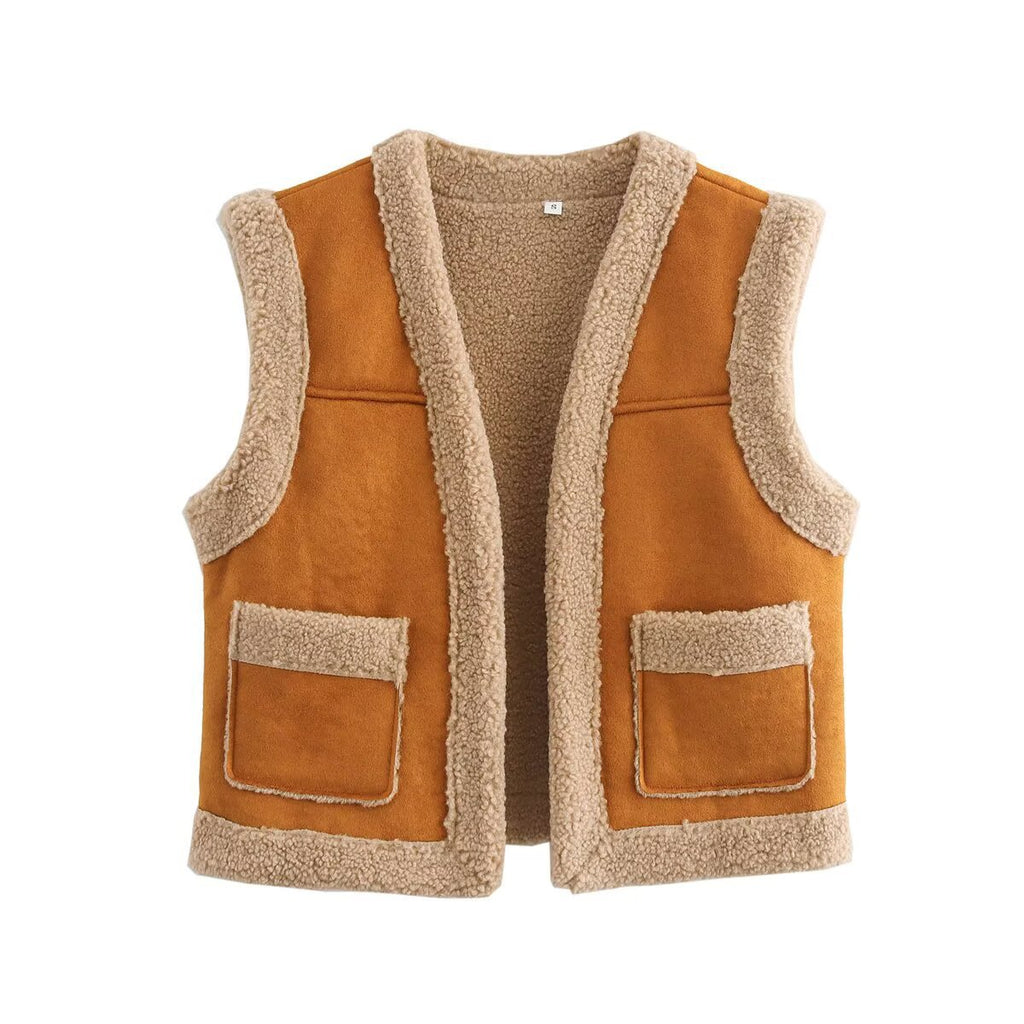 Damen Teddy-Weste mit praktischen Taschen und hohem Kragen WW