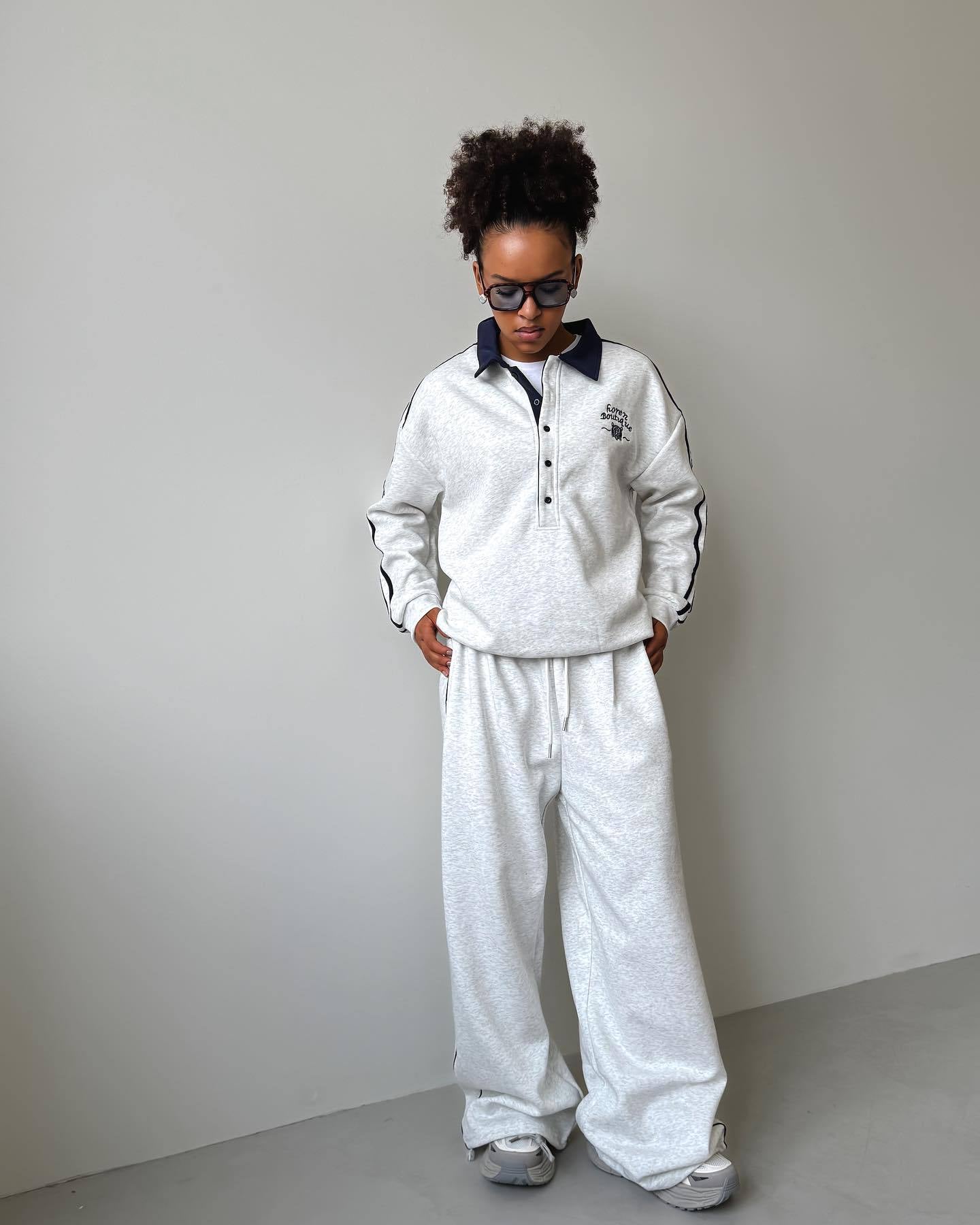 Damen sportlicher Freizeitanzug mit modischem Kragen und weiten Beinen WW