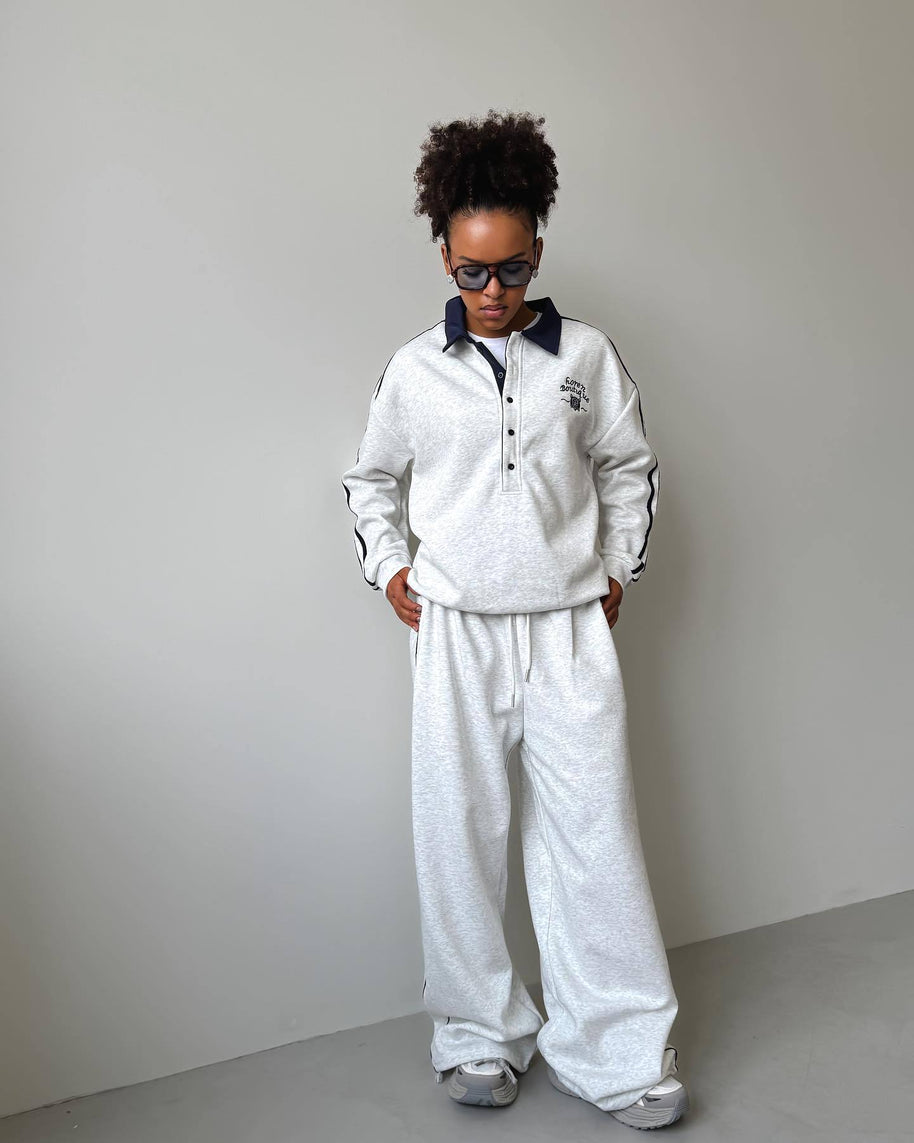 Damen sportlicher Freizeitanzug mit modischem Kragen und weiten Beinen WW