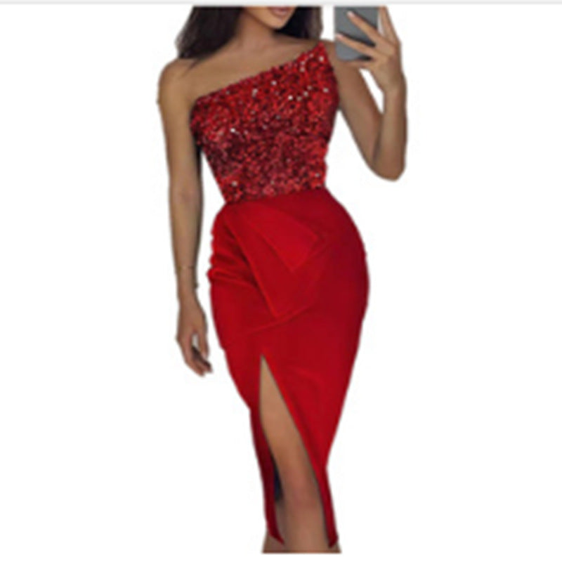 Damen Abendkleid mit asymmetrischem Design und funkelnden Pailletten WW