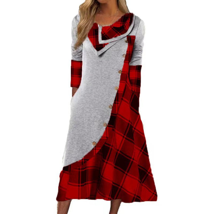 W&W Mode | Plaid Gespalten Knopf Tasche Gestapelte Kragen Langarmkleid