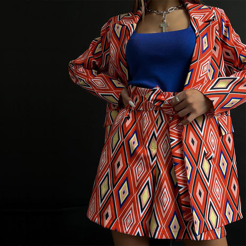 Damen Blazer und Shorts Set mit geometrischem Muster und taillierbarem Gürtel WW