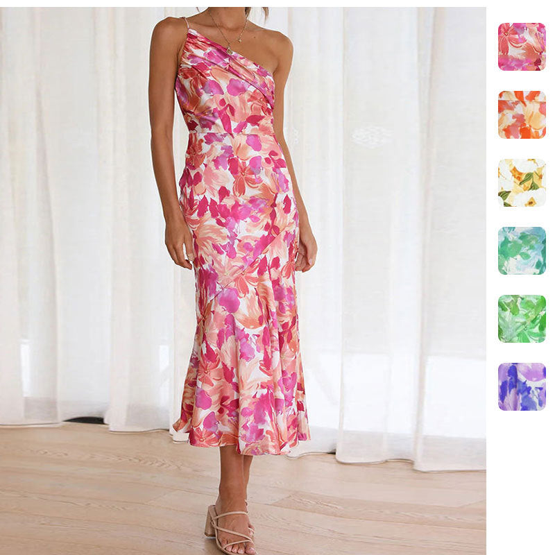 Damen Elegantes Maxikleid mit asymmetrischem Träger und floralem Design WW
