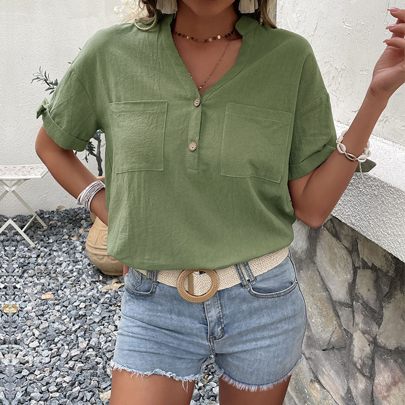 Damen Bluse mit knopfseitlichen Details und lässigem V-Ausschnitt WW