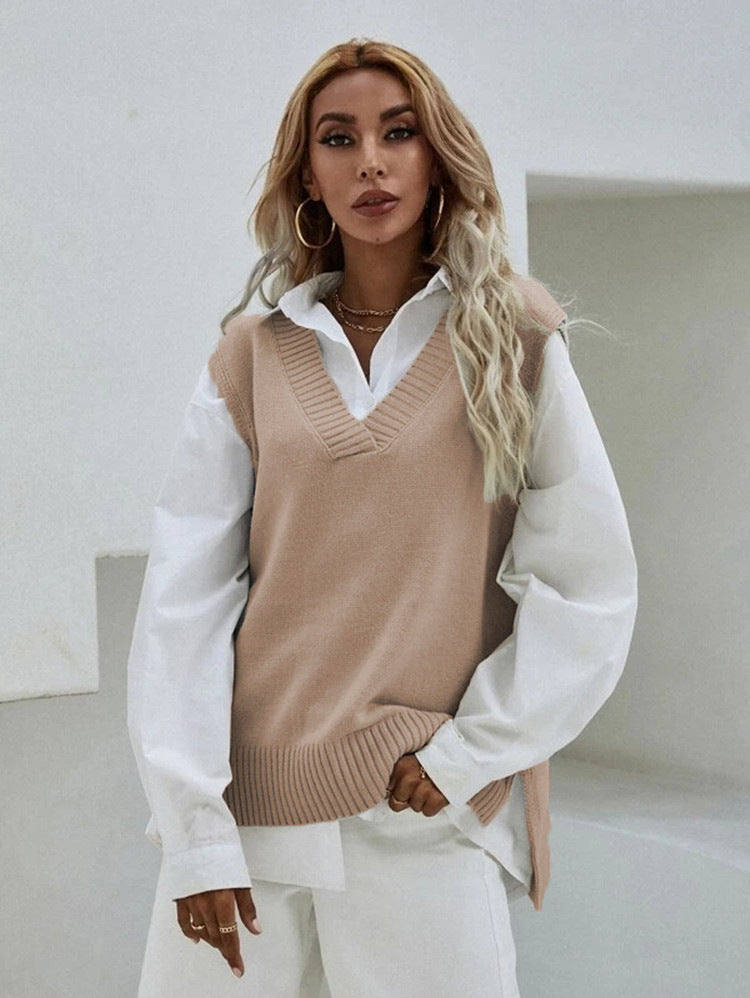 Damen Strickweste mit V-Ausschnitt und geripptem Saum WW