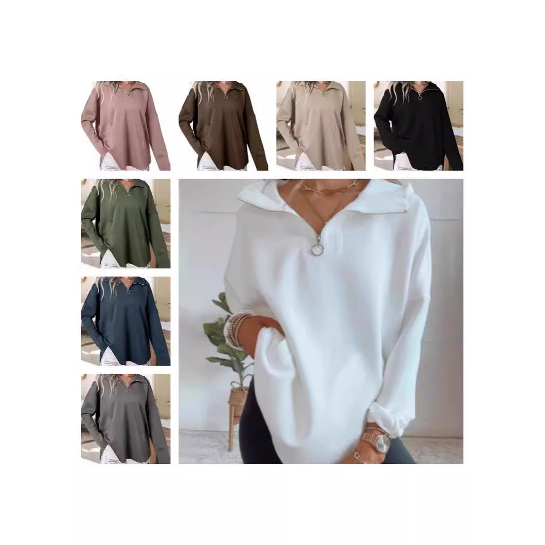 Damen lässiger Oversized Pullover mit halben Reißverschluss und Seitentaschen WW