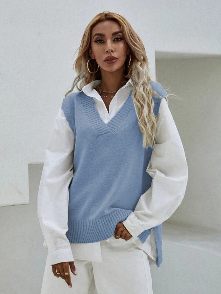 Damen Strickweste mit V-Ausschnitt und modernen Details WW