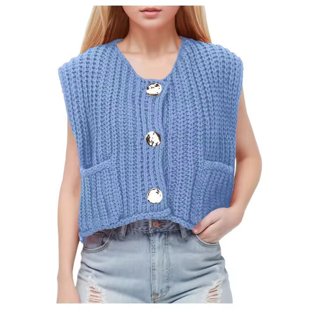 Damen Strickweste mit praktischen Taschen und dekorativen Holzknöpfen WW