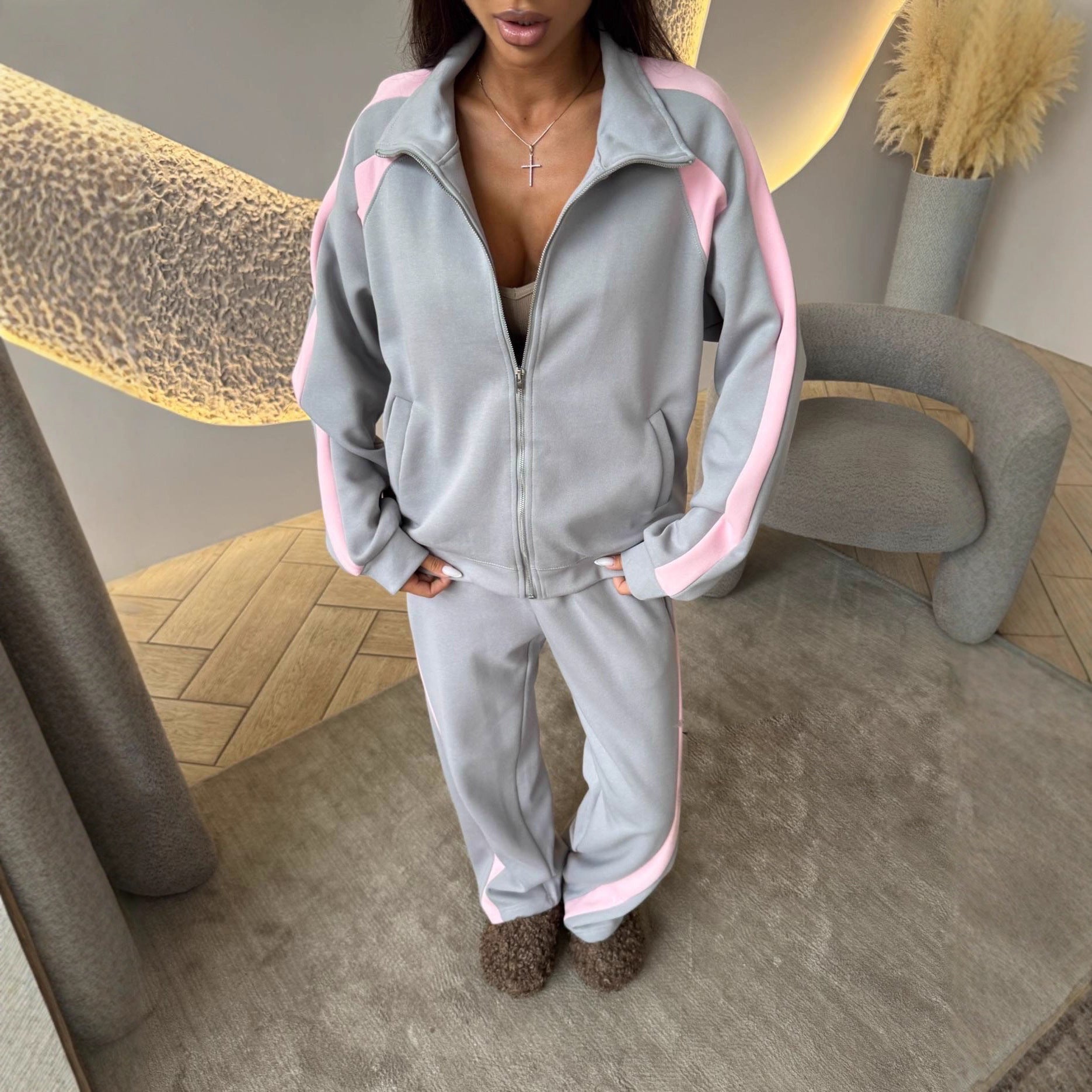 Damen sportlicher Fleece-Trainingsanzug mit hohem Kragen WW