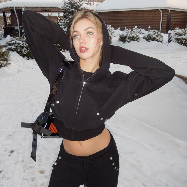 Damen sportlicher Cropped Hoodie mit innovativen Druckknopfdetails WW