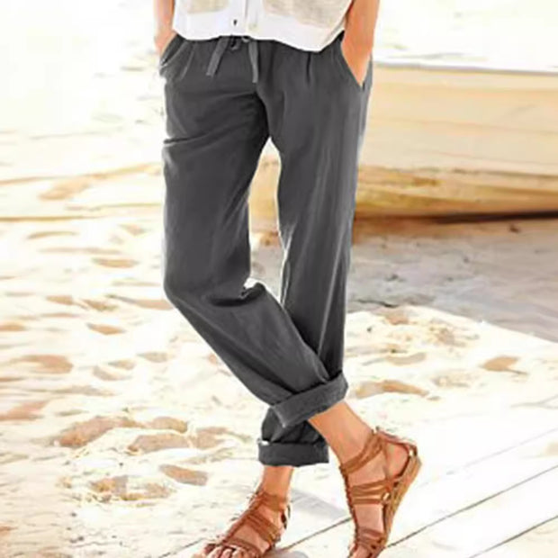 Damen bequeme Leinenhose mit elastischem Bund und seitlichen Taschen WW