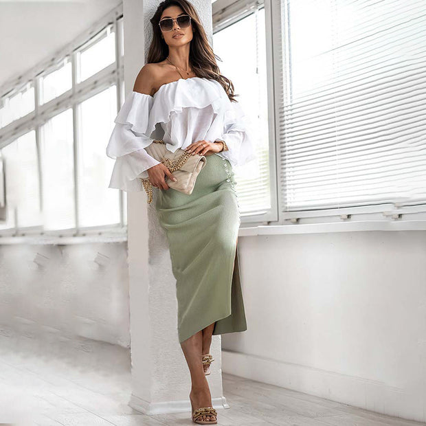 Damen Midi-Rock mit eleganten Knopfdetails und seitlichem Schlitz WW