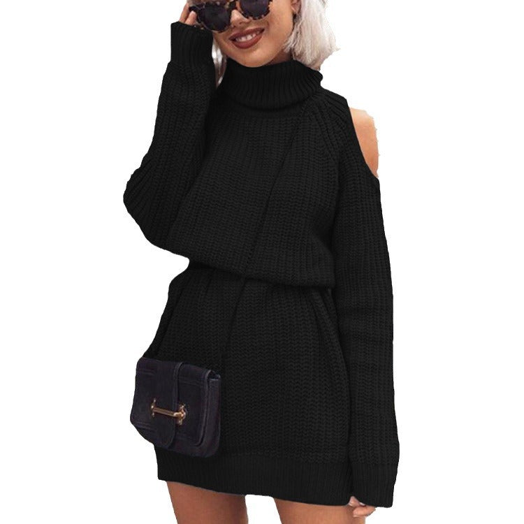 Damen Rollkragen Strickkleid mit offenen Schultern und Taillengürtel WW