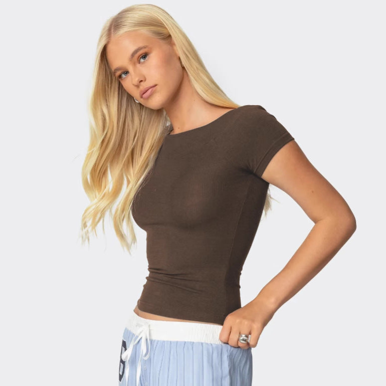 Damen figurbetontes Kurzarmshirt mit modischem Rundhalsausschnitt WW