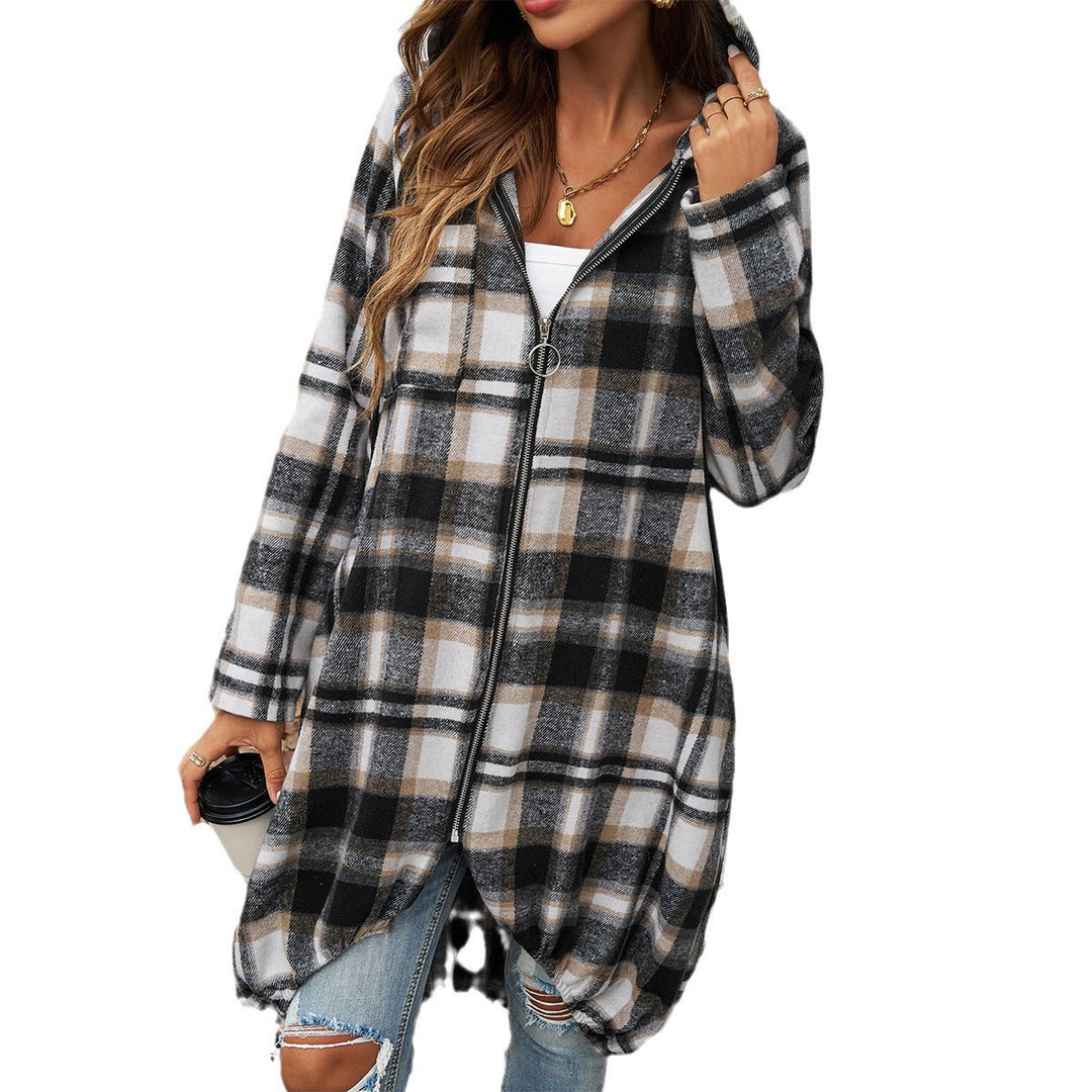 Damen Karierte Longjacke mit Kapuze und Taschen W&W Mode