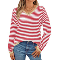 Damen lässiger Pullover mit niedrigem V-Ausschnitt und buntem Streifenmuster WW