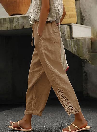 Damen lockere Leinenhose mit dekorativer Stickerei WW