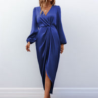 Damen Elegantes Maxikleid mit tiefem V-Ausschnitt und Ballonärmeln WW