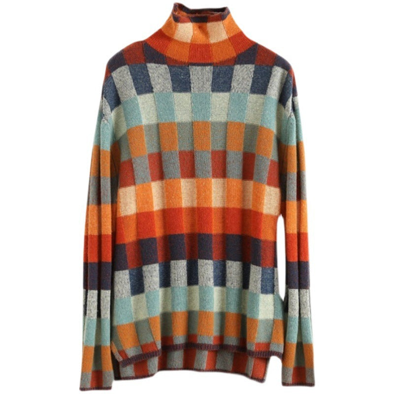 Damen Strickpullover mit modernem Karomuster und hohem Kragen WW