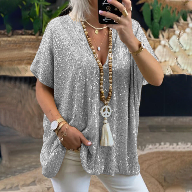 Damen Funkelndes Oberteil mit elegantem V-Ausschnitt und leichtem Schnitt W&W Mode