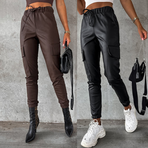 Damen Kunstleder Jogginghose mit praktischen Taschen und elastischem Bund WW