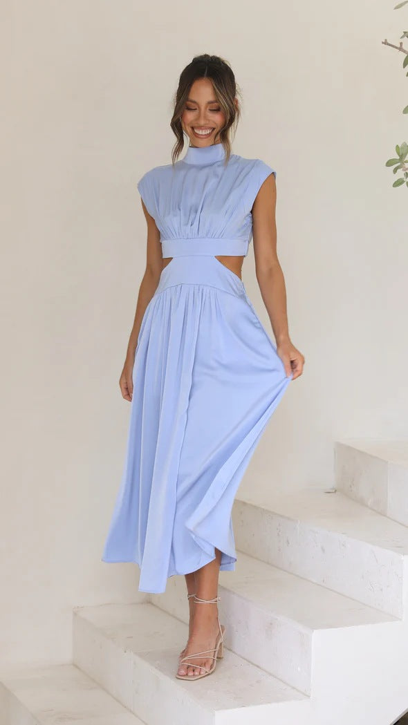 Damen elegantes Maxikleid mit hohem Kragen und seitlichen Cut-Outs WW