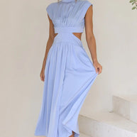 Damen elegantes Maxikleid mit hohem Kragen und seitlichen Cut-Outs WW