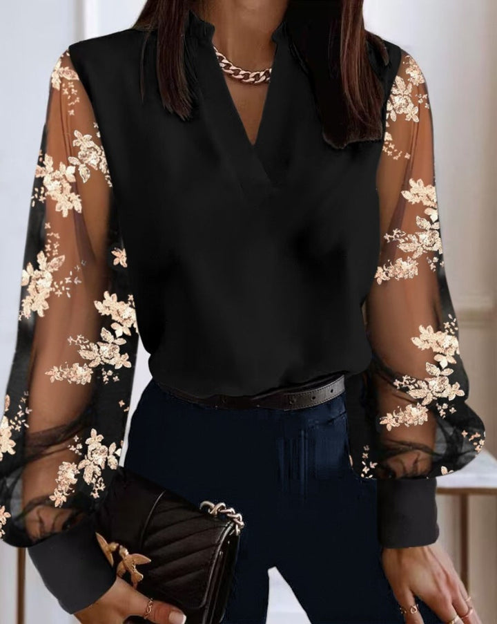 W&W Mode | Elegante Bluse Mit Transparenten Ärmeln, Bestickt Mit Blumen Für Damen