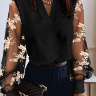 WW | Elegante Bluse Mit Transparenten Ärmeln, Bestickt Mit Blumen Für Damen