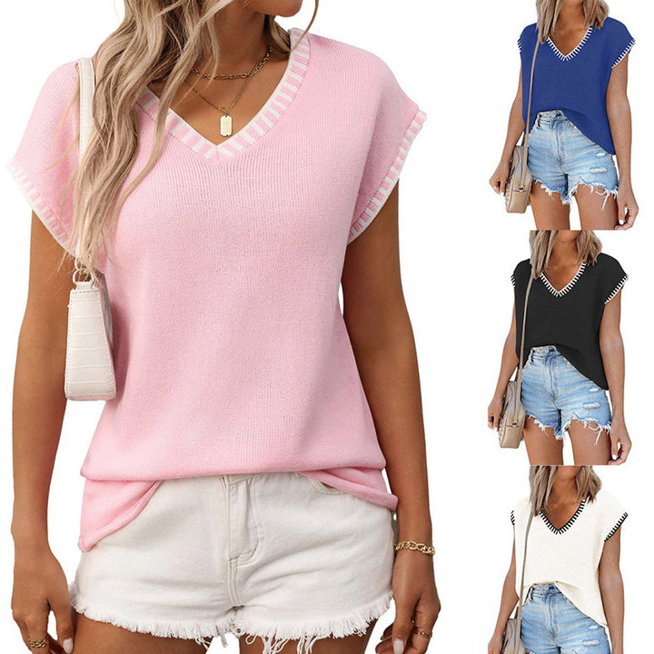 Damen lässiges Strickoberteil mit Dekorativem V-Ausschnitt und Kontrastdetails W&W Mode