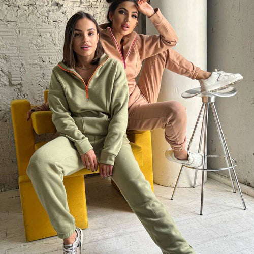 Damen sportliches Fleece-Jogginganzug mit Stehkragen WW