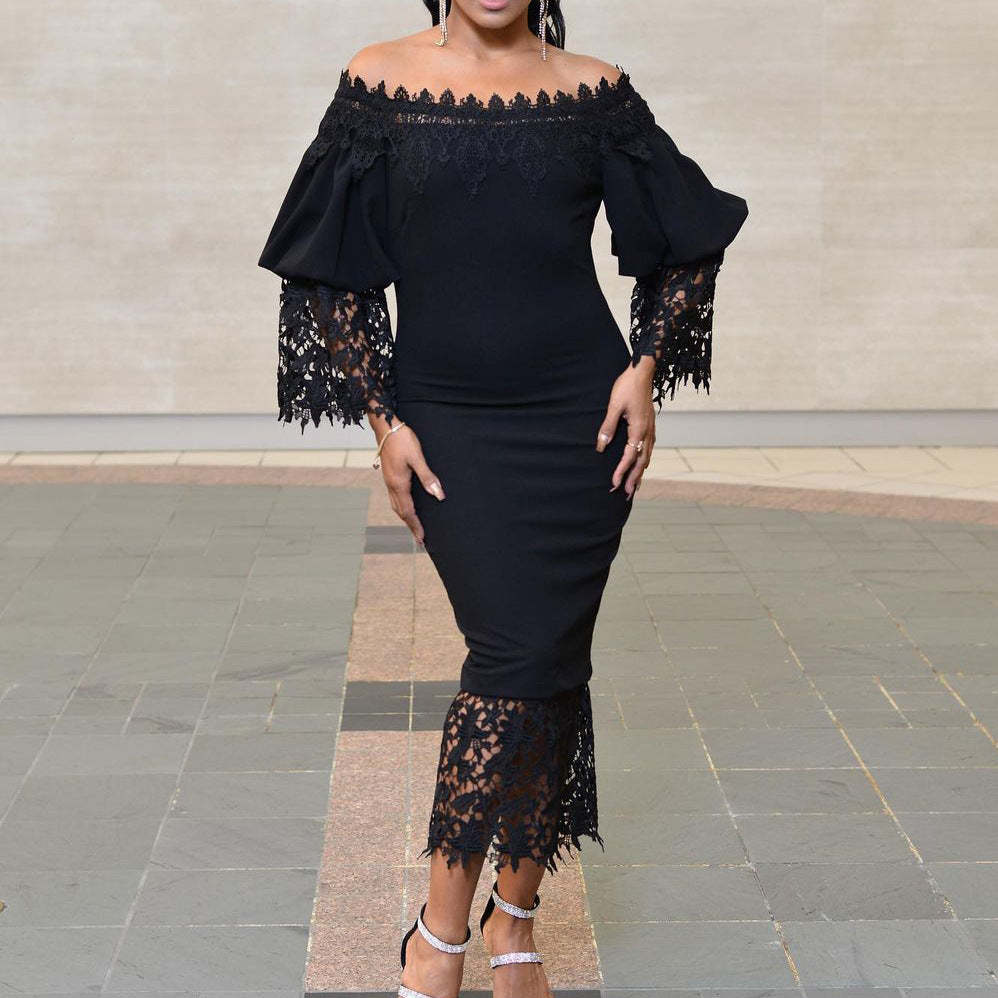 Damen Kleider im Off-Shoulder-Stil mit Spitzenärmeln und figurbetontem Schnitt WW