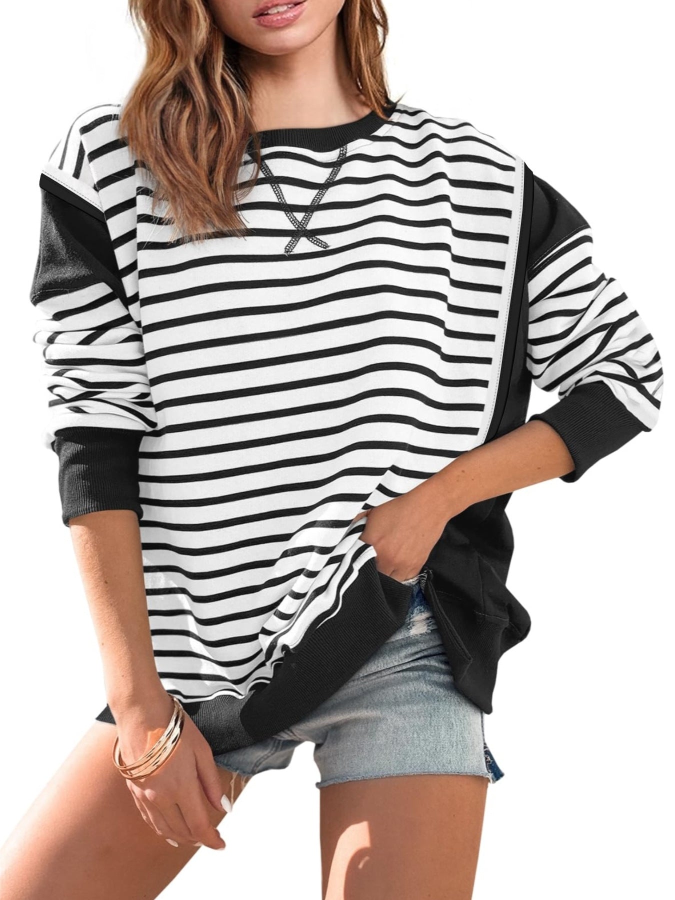 Damen gestreifter Sweatshirt mit übergroßem Schnitt WW