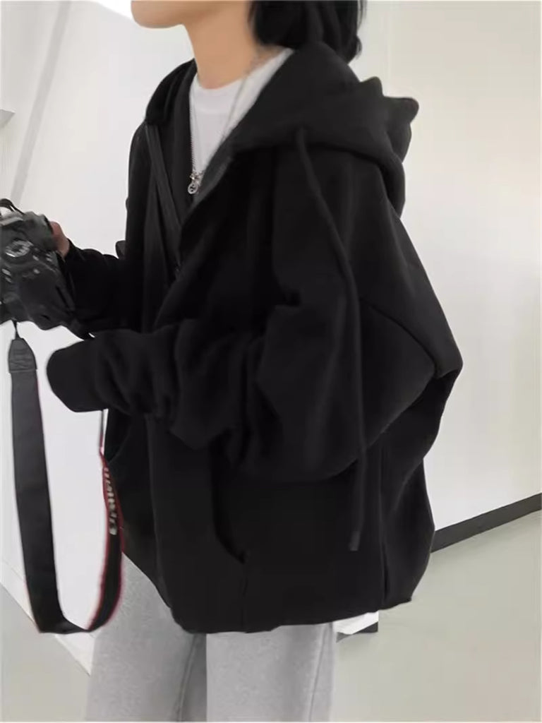 WOLF Zip-up Oversized Solid Pocket Hooded Langarm Lose Baseball Jacke