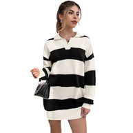 Damen Pullover-Kleid mit modernem Streifenmuster und detailreicher Knopfleiste WW