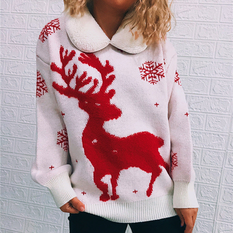 Damen Weihnachts-Pullover mit festlichem Rentier-Motiv und weichem Kragen WW