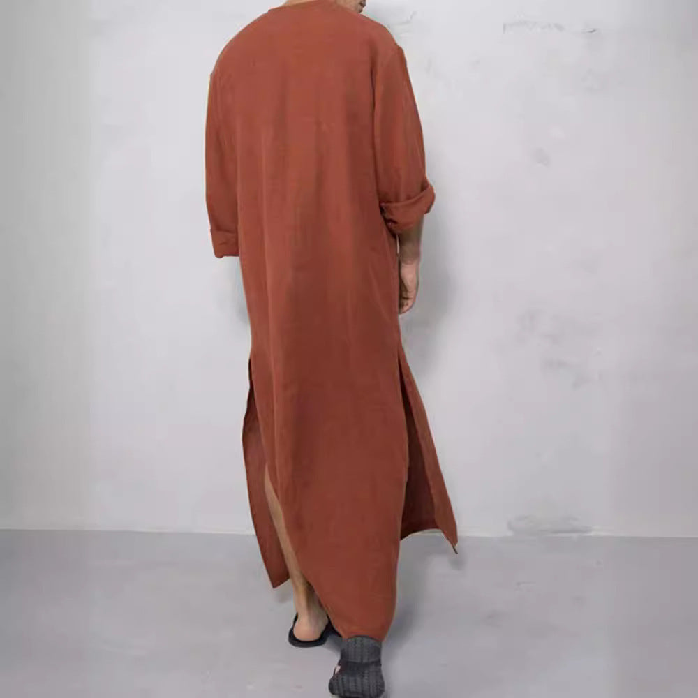 Herren nan weites langes Tunika-Kaftan aus atmungsaktivem Leinen mit Stehkragen Knopfblende und aufgesetzten Taschen W&W Mode